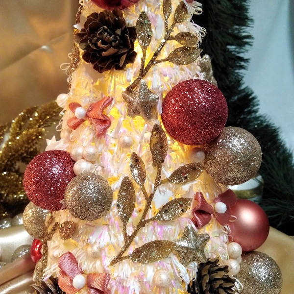 Χριστουγεννιάτικο δέντρο στολισμένο σαμπανί-σάπιο μήλο με λαμπάκια 35×14cm - χριστουγεννιάτικο δέντρο, διακοσμητικά, χριστούγεννα, πρωτοχρονιά, δέντρο - 3