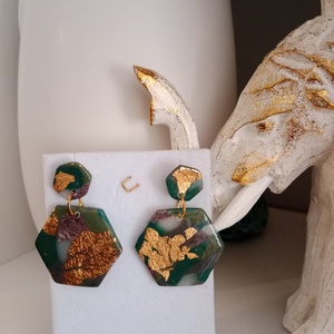 Χειροποίητα σκουλαρίκια από πηλό σε αποχρώσεις του πράσινου με χρυσές λεπτομέρειες, περίπου 5cm - πηλός, κρεμαστά, καρφάκι - 2