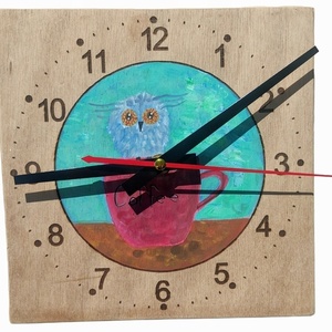 Ξύλινο ρολόι τοίχου ζωγραφισμένο στο χέρι. Ζωγραφισμένη κουκουβάγια. Διαστάσεις 20*20 εκ. - ξύλο, ρολόι, κουκουβάγια, τοίχου, ζωάκια - 2