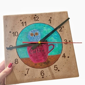 Ξύλινο ρολόι τοίχου ζωγραφισμένο στο χέρι. Ζωγραφισμένη κουκουβάγια. Διαστάσεις 20*20 εκ. - ξύλο, ρολόι, κουκουβάγια, τοίχου, ζωάκια - 3