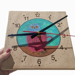 Ξύλινο ρολόι τοίχου ζωγραφισμένο στο χέρι. Ζωγραφισμένη κουκουβάγια. Διαστάσεις 20*20 εκ. - ξύλο, ρολόι, κουκουβάγια, τοίχου, ζωάκια - 4