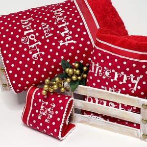 Σετ Χειροποίητες Βαμβακερές Πετσέτες «Merry and Bright» 3 τεμαχίων - Christmas Props - ύφασμα, λευκά είδη, χριστουγεννιάτικα δώρα, πετσέτες - 3
