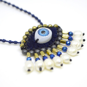 Κολιέ κομποσχοίνι κεντητό blue black evil eye με ημιπολύτιμες πέτρες - ημιπολύτιμες πέτρες, ασήμι 925, μάτι