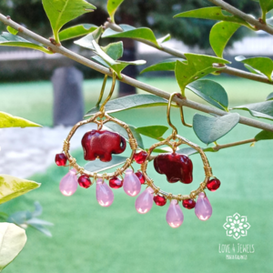 Σκουλαρίκια με κόκκινο ελεφαντάκι χαολίτη και ροζ σταγόνες - ημιπολύτιμες πέτρες, χάντρες, ελεφαντάκι, κρεμαστά - 3