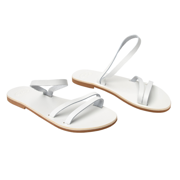Γυναικεία σανδάλια άσπρα από δέρμα, Σανδάλια Ιθάκη - δέρμα, φλατ, ankle strap