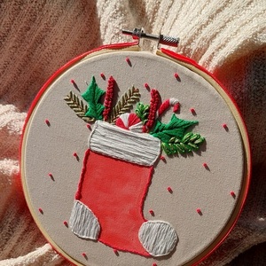 Χειροποίητο Χριστουγεννιατικο Τελάρο- Χριστουγεννιατικη κάλτσα - ύφασμα, νήμα, βελούδο, διακοσμητικά - 5