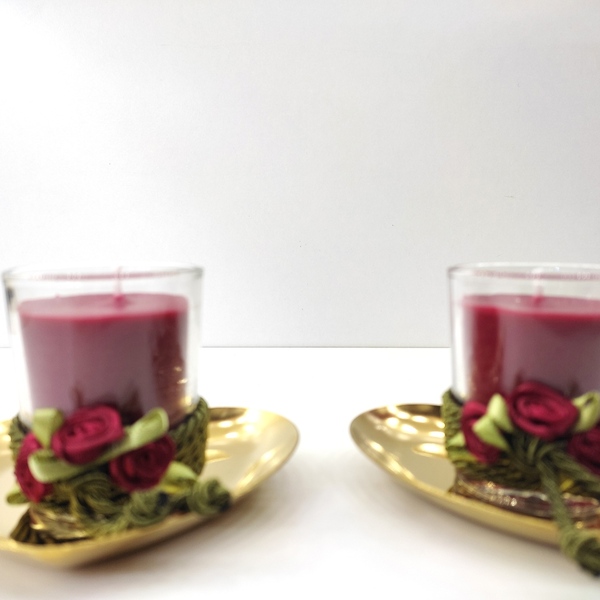 Αρωματικά κεριά σετ κόκκινο κανέλλα σέ γυάλινο ποτήρι σε επίχρυσες καρδιές 5εκΧ8 εκ - γυαλί, μέταλλο, κερί, αρωματικά κεριά - 3