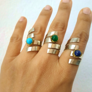 Χειροποίητο γυναικείο μακρύ ανοιχτό δαχτυλίδι από αλπακά με ημιπολύτιμη πέτρα - ημιπολύτιμες πέτρες, αλπακάς, σταθερά, μεγάλα - 3