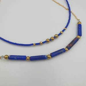 Κολιέ με ημιπολύτιμες πέτρες μπλε χαολίτη και αιματίτη σε χρυσή αλυσίδα - ημιπολύτιμες πέτρες, επιχρυσωμένα, κοντά, ατσάλι - 3