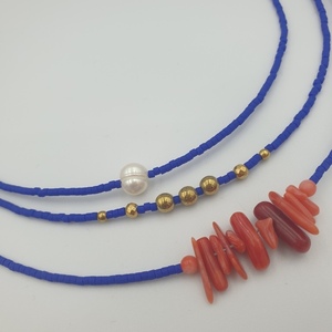 Ασύμμετρο κολιέ με μαργαριτάρι και μπλε ρουά ιαπωνικές χάντρες σε ατσάλινη αλυσίδα - μαργαριτάρι, τσόκερ, χάντρες, κοντά, ατσάλι - 3