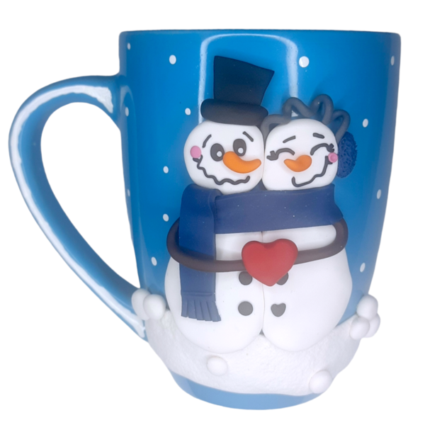 Κούπα χιονάνθρωποι αγκαλιά από πολυμερικό πηλό - πηλός, χιονάνθρωπος, χριστουγεννιάτικα δώρα, είδη κουζίνας, ζευγάρι
