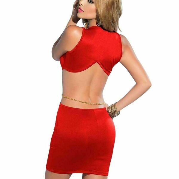 Κόκκινο φόρεμα με διακοσμητική αλυσίδα - πολυεστέρας, mini, αμάνικο - 2