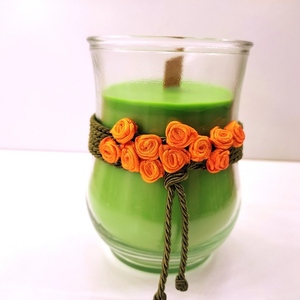 Χειροποίητο αρωματικό κερί 500γρμ πράσινο με άρωμα βανίλια σε γυάλινο ποτήρι 13χ9 εκ. - ύφασμα, γυαλί, αρωματικά κεριά, κεριά & κηροπήγια - 2