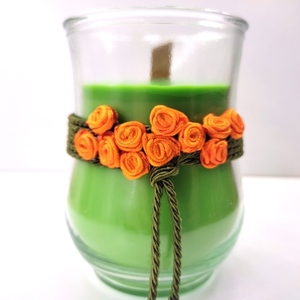 Χειροποίητο αρωματικό κερί 500γρμ πράσινο με άρωμα βανίλια σε γυάλινο ποτήρι 13χ9 εκ. - ύφασμα, γυαλί, αρωματικά κεριά, κεριά & κηροπήγια - 3