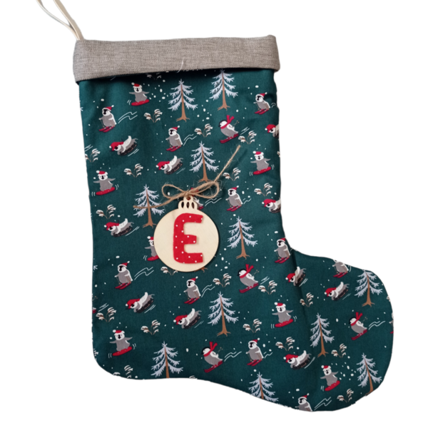 Χριστουγεννιάτικη διακοσμητική κάλτσα πιγκουίνοι που κάνουν σκι - ύφασμα, στολίδια - 2