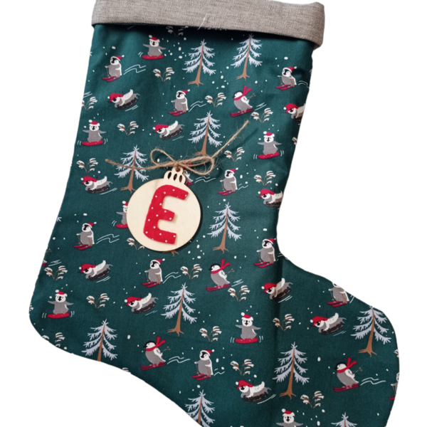 Χριστουγεννιάτικη διακοσμητική κάλτσα πιγκουίνοι που κάνουν σκι - ύφασμα, στολίδια - 3