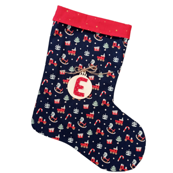 Χριστουγεννιάτικη διακοσμητική κάλτσα μπλε με παιχνίδια - ύφασμα, στολίδια - 2
