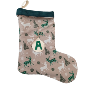 Χριστουγεννιάτικη διακοσμητική κάλτσα μπεζ με ταρανδάκια πράσινα - ύφασμα, διακοσμητικά - 2