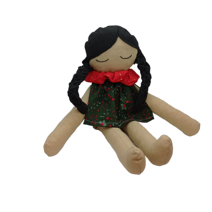 Χειροποίητη κούκλα με μαύρα μαλλιά και χριστουγεννιάτικο πράσινο φόρεμα - λούτρινα