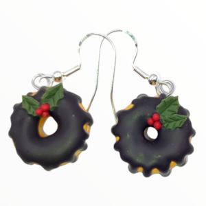 Χειροποίητα Σκουλαρίκια Χριστουγεννιάτικα donuts με μαύρη σοκολάτα - πηλός, μικρά, χριστουγεννιάτικα δώρα, φθηνά