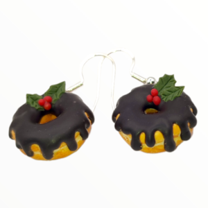 Χειροποίητα Σκουλαρίκια Χριστουγεννιάτικα donuts με μαύρη σοκολάτα - πηλός, μικρά, χριστουγεννιάτικα δώρα, φθηνά - 2