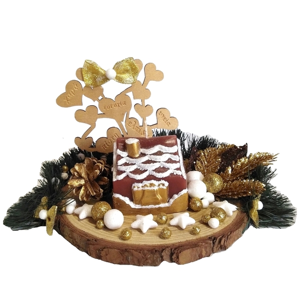 Επιτραπέζιο χριστουγεννιάτικο διακοσμητικό φυσικός κορμός στολισμένος χρυσό-λευκό με κερί 25×21×14cm - ξύλο, διακοσμητικά, χριστουγεννιάτικα δώρα, κεριά