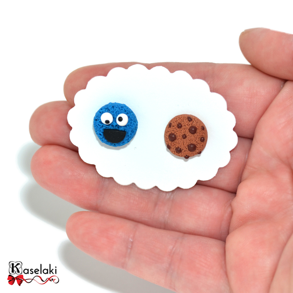 Σκουλαρίκια Cookie monster και σοκολατένιο μπισκότο από πηλό sesame street - πηλός, καρφωτά - 2