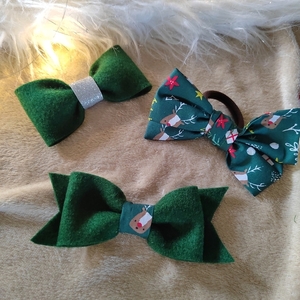Τσόχινος διπλός παιδικός φιογκος με Ρούντολφ μπαρετα μαλλιών πράσινο 1 τμχ 12,50 εκ - χριστουγεννιάτικα δώρα, μαμά και κόρη, αξεσουάρ μαλλιών - 4