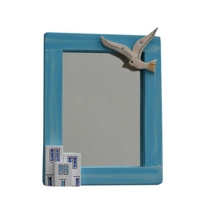 Καθρέπτης τοίχου ξύλινος χειροποίητος Νησιώτικα σπίτια με κεραμικό γλάρο 20x26x4 Γαλάζιος Καπαδάκης - ζωγραφισμένα στο χέρι, διακόσμηση, χειροποίητα, ξύλινα διακοσμητικά τοίχου