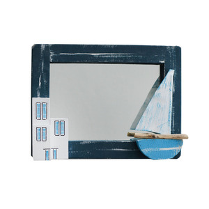 Καθρέπτης τοίχου ξύλινος χειροποίητος Νησιώτικα σπίτια με καράβι 26x20x4 Μπλέ Καπαδάκης - ζωγραφισμένα στο χέρι, χειροποίητα, ιδεά για δώρο, ξύλινα διακοσμητικά τοίχου