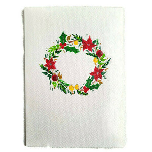Χριστουγεννιάτικη κάρτα ζωγραφισμένη στο χέρι σχέδιο στεφανάκι 2 - ζωγραφισμένα στο χέρι, χαρτί, ευχετήριες κάρτες