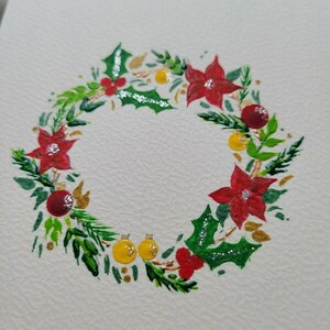 Χριστουγεννιάτικη κάρτα ζωγραφισμένη στο χέρι σχέδιο στεφανάκι 2 - ζωγραφισμένα στο χέρι, χαρτί, ευχετήριες κάρτες - 4
