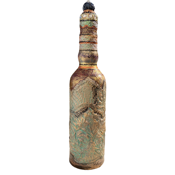Μπουκάλι γυάλινο ζωγραφισμένο 33cm μπρονζέ - γυαλί, ζωγραφισμένα στο χέρι, πρωτότυπα δώρα, διακοσμητικά μπουκάλια - 2