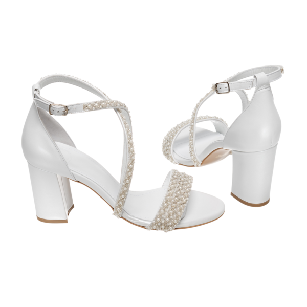 Νυφικά πέδιλα άσπρα με δέσιμο με πέρλες από δέρμα - Πέδιλα Αριστέα - δέρμα, πέδιλα, πέρλες, νυφικά, ankle strap - 4