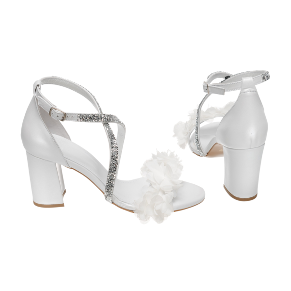 Νυφικά πέδιλα άσπρα με δέσιμο με στρας και λουλούδια από δέρμα - Πέδιλα Ασημίνα - δέρμα, στρας, πέδιλα, νυφικά, ankle strap - 4