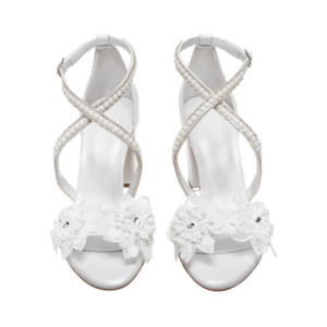 Νυφικά πέδιλα άσπρα με δέσιμο με πέρλες και λουλούδια από δέρμα - Πέδιλα Φανή - δέρμα, πέδιλα, πέρλες, νυφικά, ankle strap - 2