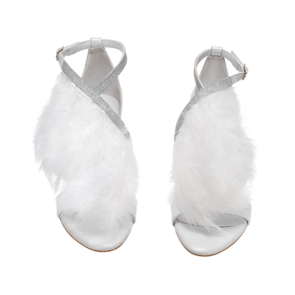 Νυφικά πέδιλα άσπρα με δέσιμο και πούπουλα από δέρμα- Πέδιλα Μαγδαληνή - δέρμα, πέδιλα, νυφικά, ankle strap - 2