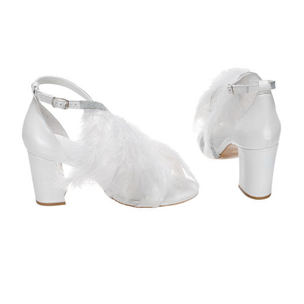 Νυφικά πέδιλα άσπρα με δέσιμο και πούπουλα από δέρμα- Πέδιλα Μαγδαληνή - δέρμα, πέδιλα, νυφικά, ankle strap - 4
