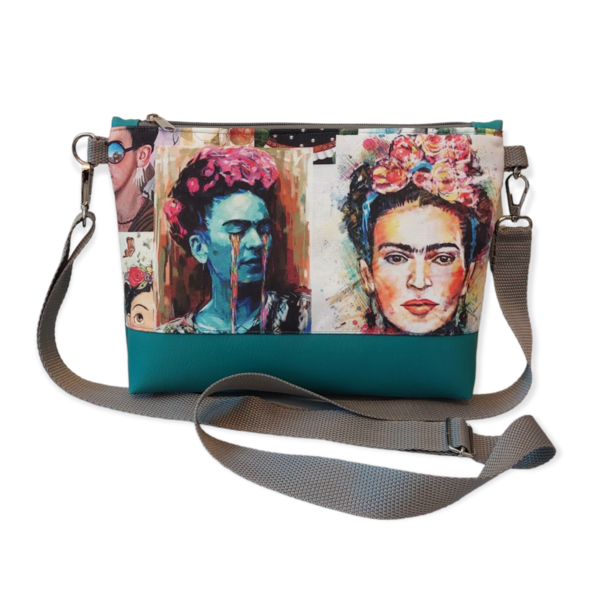 Τσάντα χιαστί Frida Kahlo με πετρόλ δερματίνη 30*20*10cm - χιαστί, all day, δερματίνη, frida kahlo, δώρα για γυναίκες