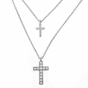 Διπλό ασημένιο κολιέ με σταυρούς 925 - Ασημί χρώμα - ασήμι 925, σταυρός, μακριά, layering