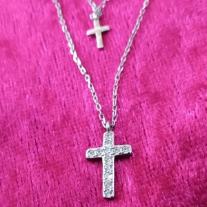 Διπλό ασημένιο κολιέ με σταυρούς 925 - Ασημί χρώμα - ασήμι 925, σταυρός, μακριά, layering - 2