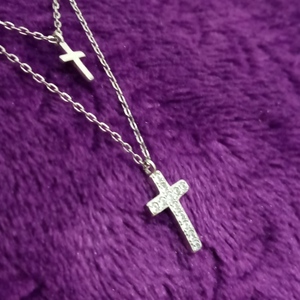 Διπλό ασημένιο κολιέ με σταυρούς 925 - Ασημί χρώμα - ασήμι 925, σταυρός, μακριά, layering - 3