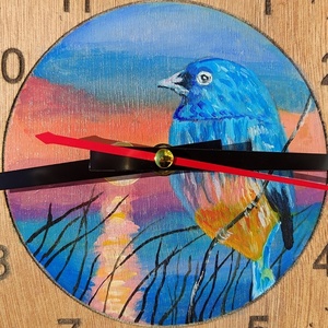 Ξύλινο αθόρυβο ρολόι τοίχου ζωγραφισμένο με ακρυλικά. Διαστάσεις 20χ20 εκ. Ανοιξιάτικο τοπίο με πουλί. - ξύλο, ζωγραφισμένα στο χέρι, τοίχου - 3