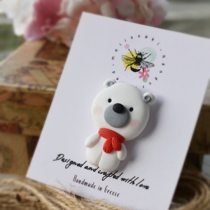 Snow Teddy | Χειροποίητη καρφίτσα λευκό αρκουδάκι από πολυμερικό πηλό (4,5εκ.) - ορείχαλκος, πηλός, αρκουδάκι, χριστουγεννιάτικα δώρα - 4