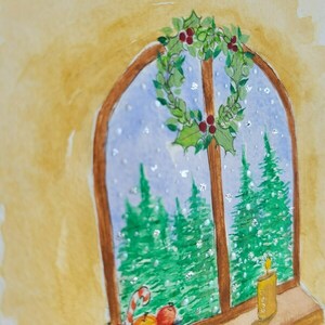 Χριστουγεννιάτικη κάρτα ζωγραφισμένη στο χέρι - παράθυρο - ζωγραφισμένα στο χέρι, χαρτί, ευχετήριες κάρτες - 5
