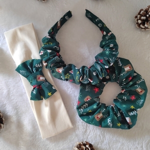 Χειροποίητη υφασμάτινη βρεφική παιδική χριστουγεννιάτικη κορδέλα εκρου με φιόγκο Ρούντολφ 1τμχ - βρεφικά, χριστουγεννιάτικα δώρα, αξεσουάρ μαλλιών - 2