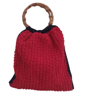 Πλεκτή κόκκινη τσάντα με ξύλινα μπαμπού χερούλια - νήμα, all day, χειρός, tote, πλεκτές τσάντες