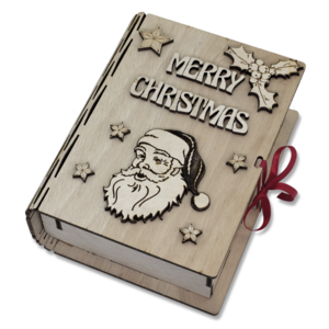 Ξύλινο βιβλίο κουτί με ξύλινα διακοσμητικά στοιχεία Καλά Χριστούγεννα στα αγγλικά γκι ΑϊΒασίλης αστεράκια - ξύλο, διακοσμητικά - 2