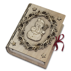 Ξύλινο βιβλίο κουτί με ξύλινα διακοσμητικά στοιχεία Χιονάνθρωπος Στεφάνι Αστεράκια - ξύλο, διακοσμητικά