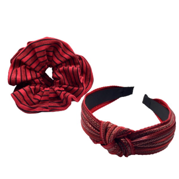 Σετ ''Wrapped in red'' κόκκινη στέκα με μεταλλικές λεπτομέρειες και λαστιχάκι ( scrunchie) για τα μαλλιά μεγάλου μεγέθους( 2τμχ) - ύφασμα, λαστιχάκι, για τα μαλλιά, στέκες